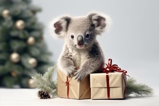 cute baby Koala bear with christmas gift boxes on white background