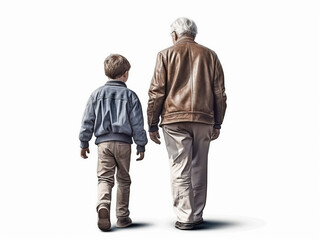 Grandfather and grandson together, viewed from the back and on an isolated white background. Generative AI