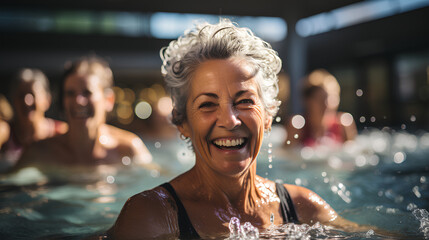 Aktive lebensfrohe Seniorinnen beim Aqua-Fitness im Pool: Freude und Kameradschaft symbolisieren einen gesunden, aktiven Ruhestand - obrazy, fototapety, plakaty