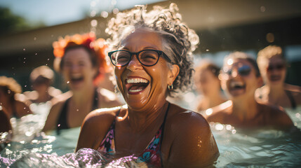Aktive lebensfrohe Seniorinnen beim Aqua-Fitness im Pool: Freude und Kameradschaft symbolisieren einen gesunden, aktiven Ruhestand - obrazy, fototapety, plakaty
