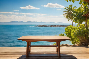 Serene Coastal Bliss, Wooden Table by the Sea, Island, and Blue Sky Golden Sunlight and Tranquility