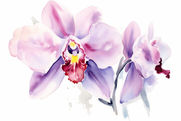 Fototapeta premium Watercolor Orchid beautiful bouquet on white background. Illustration blooming orchid flowers. Beautiful floral interior wall painting design illustration