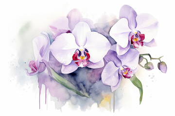 Watercolor Orchid beautiful bouquet on white background. Illustration blooming orchid flowers. Beautiful floral interior wall painting design illustration