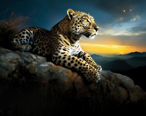 Mesmerizing Shot of a Leopard Lounging on a Rock Ledge as the Sun Sets Over a Mountain Landscape - Capturing Solitude in the Wild. Generative AI.