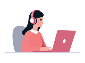 A young adult sitting, working, smiling, listening with headphones