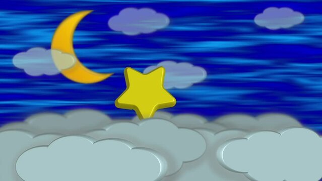 The animation portrays a sleeping moon amidst clouds with a jumping star. Moving clouds provide the backdrop.