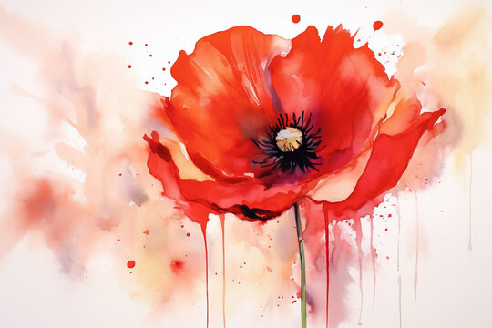 Red Poppy beautiful field watercolor painting. Illustration of blooming poppy flower. Beautiful floral interior wall painting design illustration