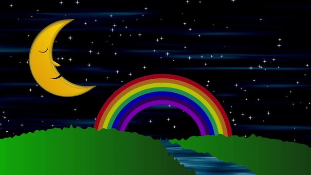 The animation depicts a sleeping moon over meadows through which a river flows, accompanied by a rainbow. Twinkling stars adorn the background.