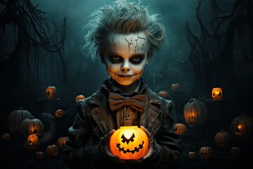 image of a halloween child with a jack o lantern in his hand. 