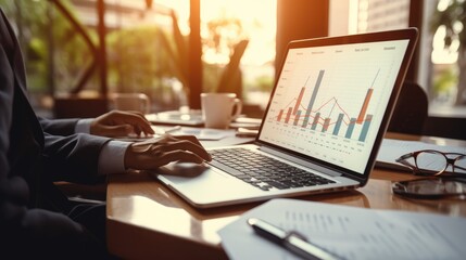 Busy analyst team in office analyzing financial data analysis for marketing strategy in workspace using BI dashboard with graph and chart on laptop screen. Generative AI