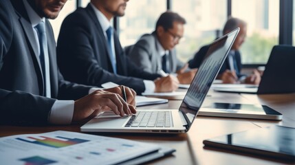 Busy analyst team in office analyzing financial data analysis for marketing strategy in workspace using BI dashboard with graph and chart on laptop screen. Generative AI