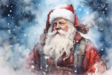 Santa Claus watercolor, portrait, Christmas, hat, winter. Watercolor Santa Claus illustration
