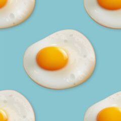 Vector Seamless Pattern with Realistic Fried Egg, Omelet on a Blue Background. Healthy Breakfast, Protein Food, Diet Meal Concept. Design Template