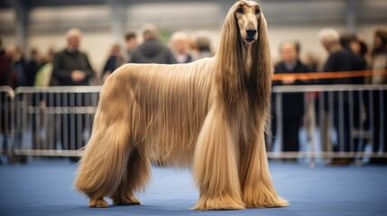 Pedigreed purebred Afghan hound dog at an exhibition of purebred dogs. Dog show. Animal exhibition....