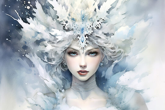 Beautiful mysterious Snow Queen. Winter Watercolor illustration for greetings card. Christmas celebration concept