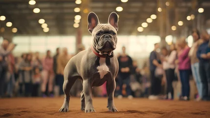 Deurstickers Pedigreed purebred French bulldog dog at exhibition of purebred dogs. Light gray color. Dog show. Animal exhibition. Competition for the most purebred dog. Winner, first place. Advertising poster © Jafree