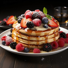 Pancakes with caramel or maple syrup, mint and raspberries, blueberries and blackberries on stack and white plate on dark background of served table
