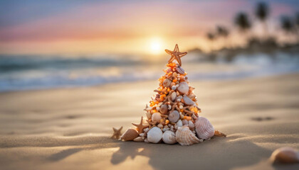 Small seashell christmas tree on the beach with copy space - obrazy, fototapety, plakaty