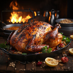 Roast turkey chicken for thanksgiving Day celebration dinner decorated with oranges, grape, fruits on served with side dishes wooden table on background of fireplace