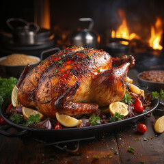 Roast turkey chicken for thanksgiving Day celebration dinner decorated with oranges, grape, fruits on served wooden table on background of fireplace - 646560146