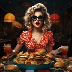 Young pretty glamorous blonde curly woman in sunglasses at table with burgers, cheeseburgers and beverages, drinks in restaurant, cafe