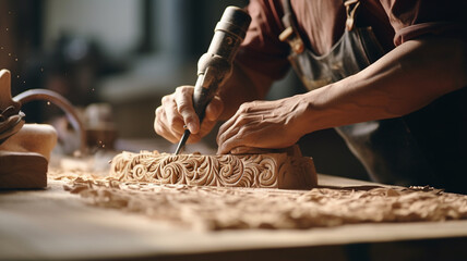 making of wood with wood carving, carving of a wooden board - obrazy, fototapety, plakaty