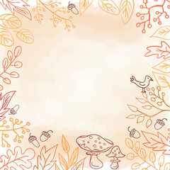 Frame of autumn branches and leaves, bird, mushroom on abstract light orange watercolor background.  Autumn colors. Perfect for card, banner, template.