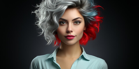 Hübsche Frau mit gefärbten und gelockten Haar mit modernster Frisur und edlen Visagistik Make up als Poster Nahaufnahme, ai generativ