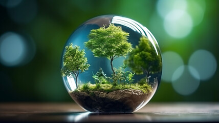 green moss in glass ball on the grass in the forest. environmental conservation.