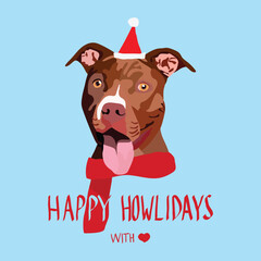Fototapeta na wymiar Pit Bull Terrier dog in a winter scarf and Santa hat. Xmas winter postcard. Happy Howlidays Dog Christmas Card for dog lovers. Abstract design with Pittie Drawing. Cartoon style. Popular character.