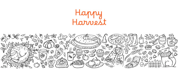 Happy Harvest banner - pumpkin, leaves, nuts, spices, cake, hot drink, raspberries, mushrooms, apples, pear, fox. Vector illustration. Perfect for autumn menu, coloring book, greeting card, print.