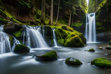 A cascading waterfall hidden within a pristine, moss-covered canyon,