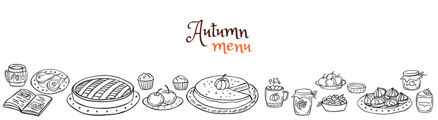 Long banner Autumn menu - pumpkin pie, apple, cupcake, cookie, cake, hot drink, jam, apples, pie. Vector illustration. Perfect for autumn menu, coloring book, greeting card, print.