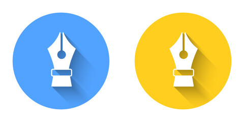 White Fountain pen nib icon isolated with long shadow background. Pen tool sign. Circle button. Vector