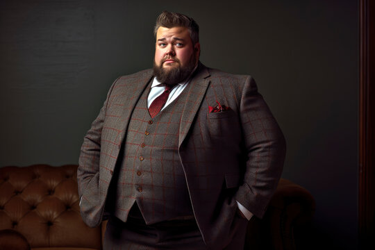 Fat chubby man with a beard in a three-piece suit on dark studio background, expensively dressed oligarch, tycoon, millionaire
