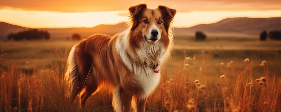 Banner with purebred hunting dog breed outdoors in sunset field in fall season. Autumn banner with border collie or sheltie puppy in dry grass