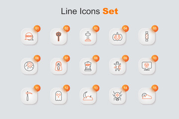 Set line Moon and stars, Spider, Ghost, Scythe, Skull, Voodoo doll and Tombstone with RIP written icon. Vector