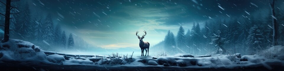 Red deer stag in the winter forest. Noble deer male. Banner with beautiful animal in the nature habitat. Wildlife scene from the wild nature landscape. Dark blue Christmas background - Powered by Adobe