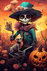 Halloween background with scarecrow and pumpkins