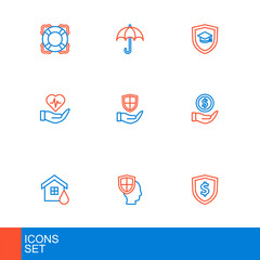 Set line Shield with dollar, Life insurance shield, House flood, Money, hand, Graduation cap and Umbrella icon. Vector