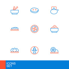 Set line Xiao long bao, Served fish plate, Dumpling, Rice bowl, Fish steak, Homemade pie, Traditional ceremony and icon. Vector