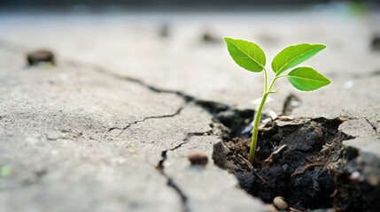 Green sprout growing from crack on concrete. Generative AI