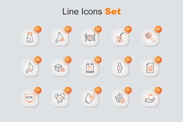 Set line Apple, Intestines, Water balance, Calcium, Kcal, Diet plan, Smart watch with heart and icon. Vector