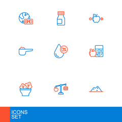 Set line Salt, Calorie calculator, Salad in bowl, Sports nutrition proteine, Water balance, and Vitamins icon. Vector