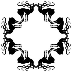 Square animal frame with stylized deer or elks. Ancient Siberian Scythian motif. Black and white silhouette.