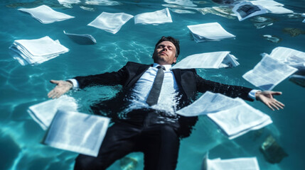 Businessman sinking under water worried about debt and bankruptcy