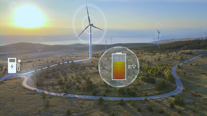 Wind Turbines Generating Alternative Energy For Fuel Electric Cars. Battery Icon Graphic animation