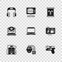Set Humanoid robot, Motherboard, Futuristic weapon, Laptop, Radioactive waste in barrel, Headphones, Cloud database and Computer vision icon. Vector