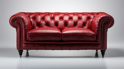 Isolated Front View of Red Leather Sofa on White Background, 3D Illustration.
