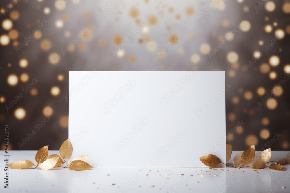 Wall mural Festive composition with white paper blank and dried golden leaves on light brown background with bokeh lights. Invitation concept. Thanksgiving mockup greeting card. Flat lay top view with copy space - Wall murals